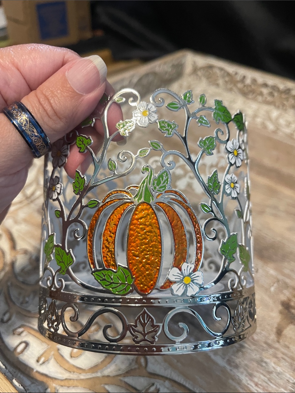 Bath & Body Works Silver Filigree Lantern with Orange Pumpkin and Green Leaves
